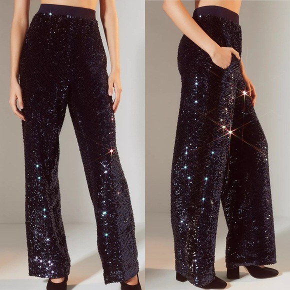 Urban Outfitters Light Before Dark Solene Wide-Leg Sequin Pants Blue Black Small - Picture 1 of 16